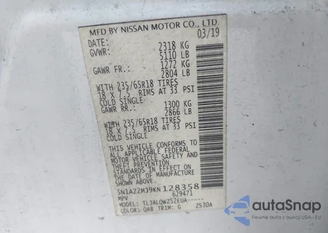 2019 Nissan Murano Sv from USA, damaged, VIN 5N1AZ2MJ9KN128358